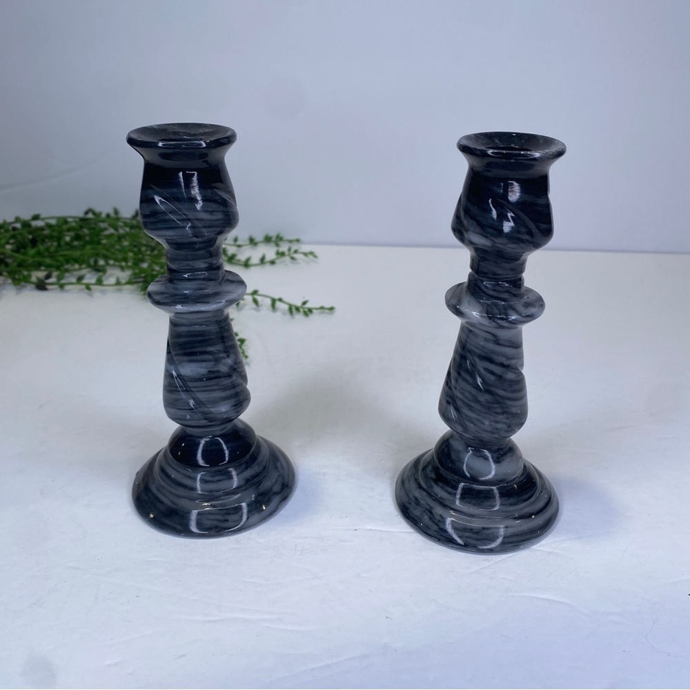 Two Marble Dark Grey Veined Turned Taper Dinner Candlestick Holders